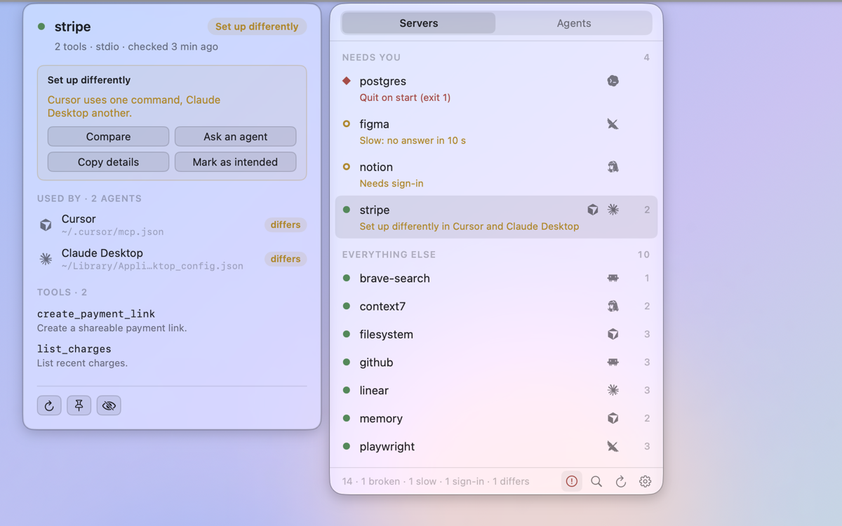 mcpock in the Glass theme on macOS 27: the panel and a server's card are see-through Liquid Glass over a soft pastel desktop.